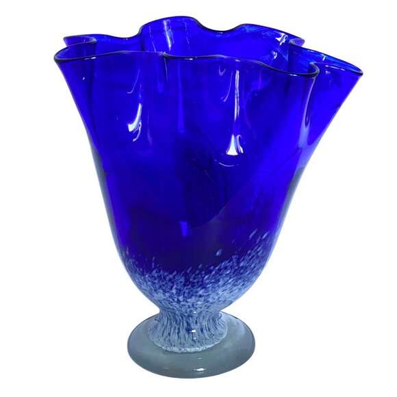 Mduca Cobalt Blue Art Glass Handkerchief Ruffle Edge Hand Blown Vase 10in Tall - Picture 1 of 12